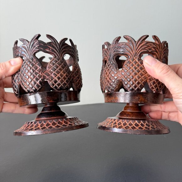Pineapple Pedestal Candleholders Set of 2 Metal Art - Picture 7 of 15
